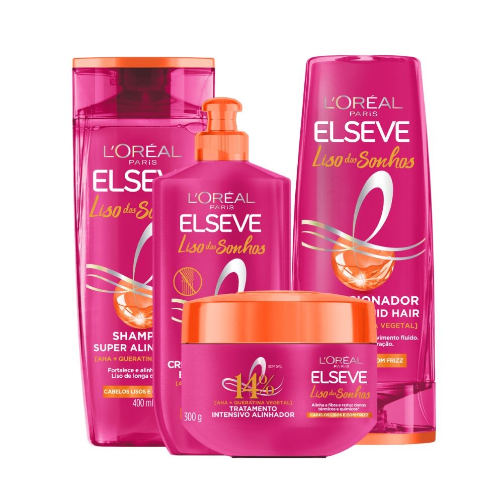Kit Elseve Liso Dos Sonhos AHA + Queratina Vegetal Shampoo 400ml + Cond 400ml + Pentear + Creme Trat (4 produtos) Kit Elseve Liso Dos Sonhos AHA + Queratina Vegetal Shampoo 400ml + Cond 400ml + Pentear + Creme Trat (4 produtos) - Oferta na Shopee