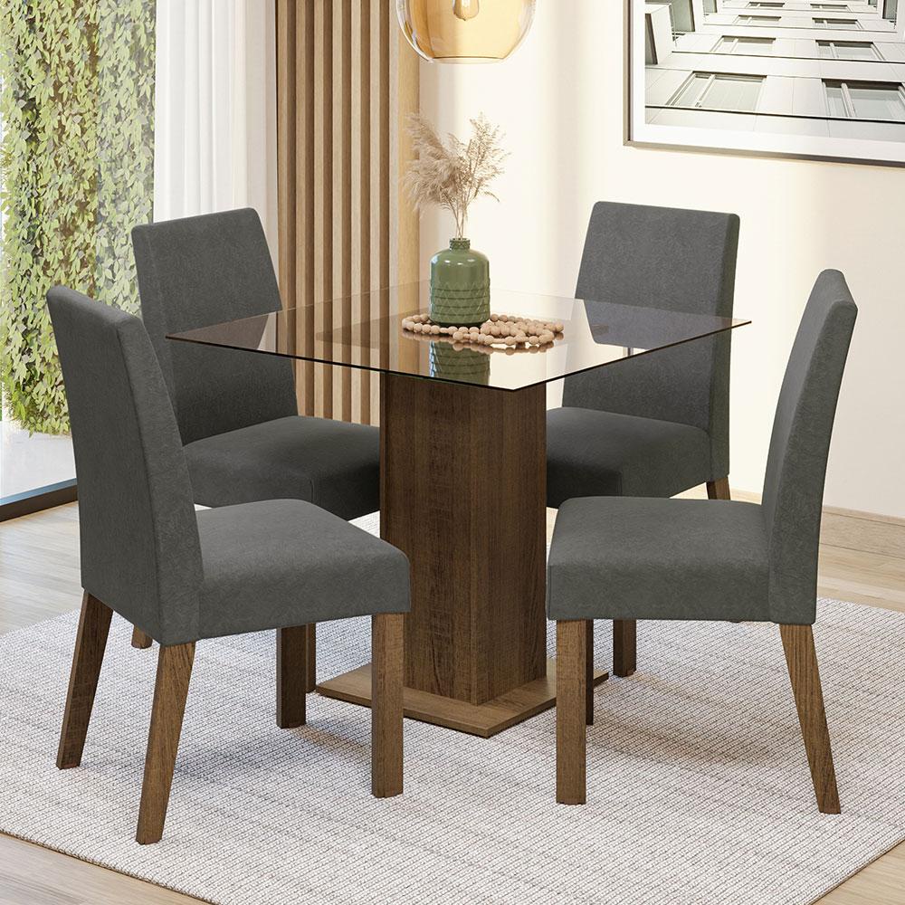 Conjunto Sala de Jantar Mesa Tampo de Vidro 4 Cadeiras Rustic/Silver Ivy Madesa Conjunto Sala de Jantar Mesa Tampo de Vidro 4 Cadeiras Rustic/Silver Ivy Madesa - Oferta na Shopee