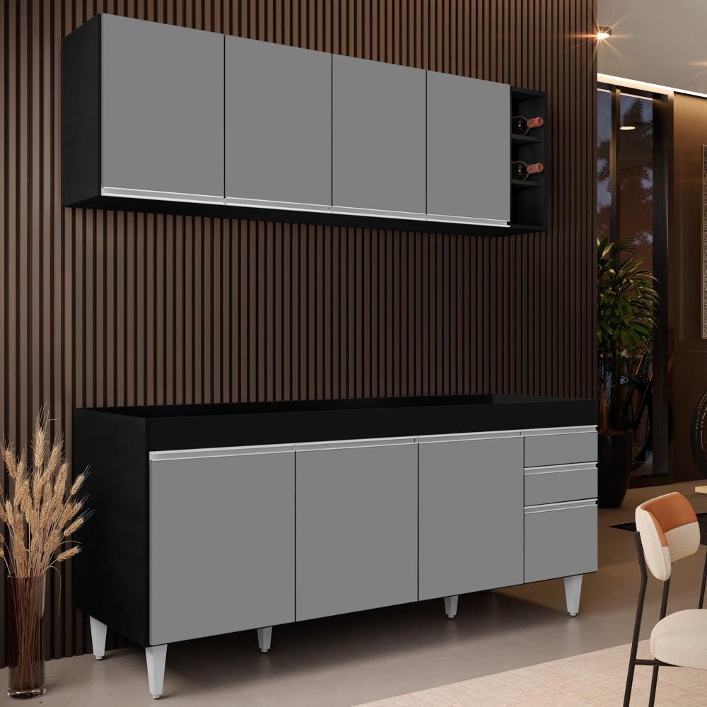 Armário Nevada e Balcão para Pia 180cm Dallas Preto/Cinza - Lumil Armário Nevada e Balcão para Pia 180cm Dallas Preto/Cinza - Lumil - Oferta na Shopee