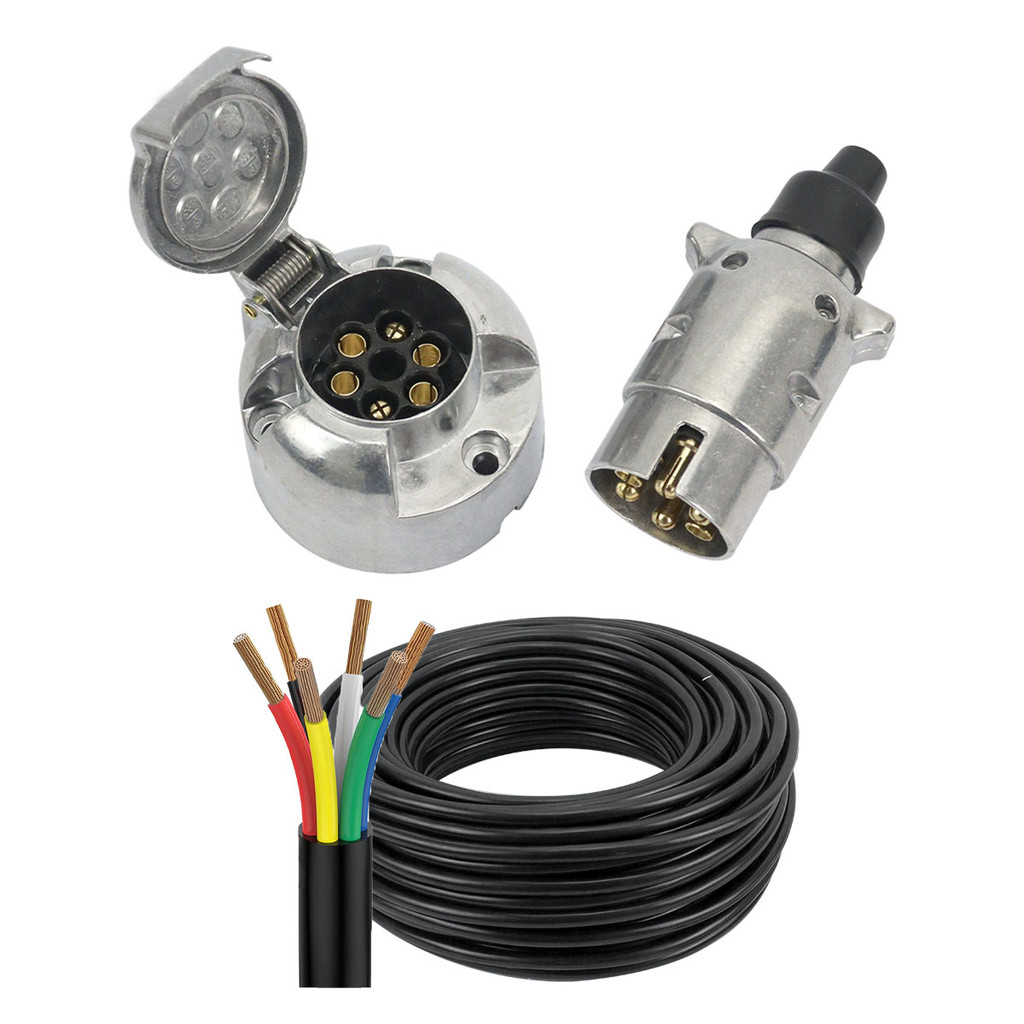 Tomada Engate Reboque 6 Polos + Cabo PP 6 Vias 1mm² Alumínio Cromado Carretinha Carreta Kit Completo - Oferta na Shopee