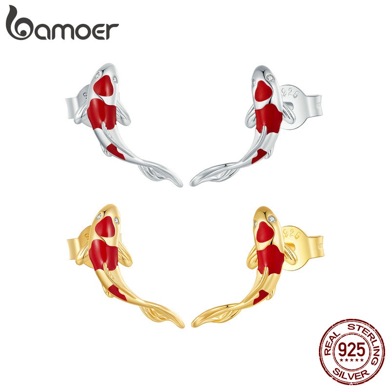 BAMOER 925 Sterling Silver Koi Fish Red Carp Stud Brincos Para Mulheres Com Zircônio Brilhante Jóias De Moda Presentes De Ano Novo - Oferta na Shopee