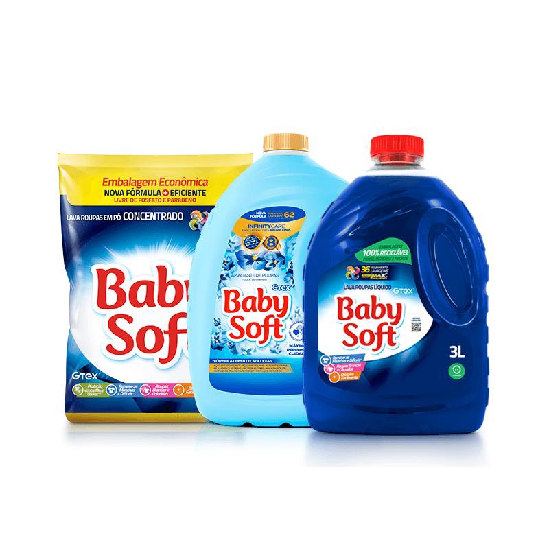 Lava Roupas Pó Baby Soft Concentrado 4KG + Amaciante Baby Soft Toque Carinho 5L + Lava Roupas Liquido Baby Soft Max Performance - Azul 3L - Oferta na Shopee