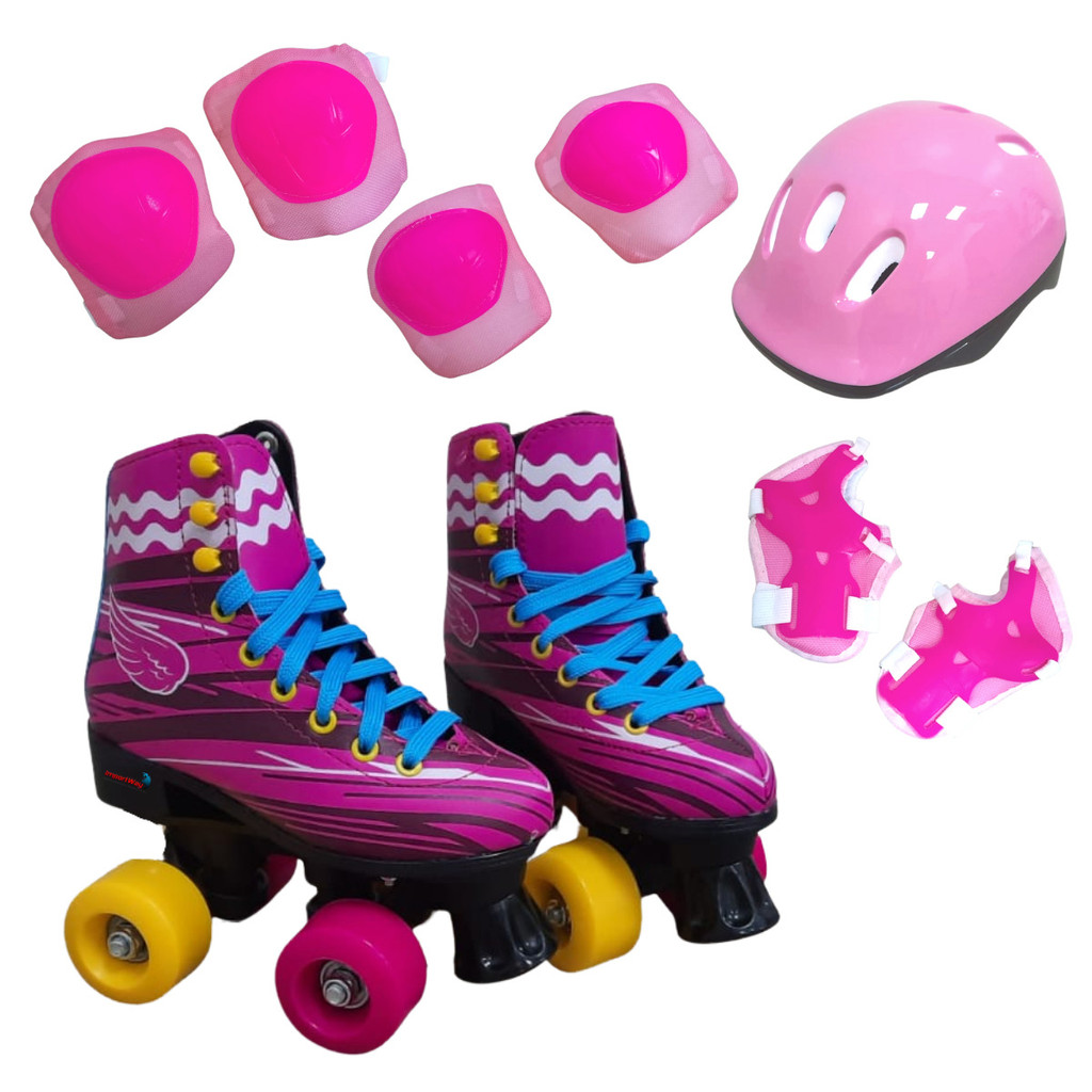 Patins 4 Rodas Infantil Menino Menina Rosa Roller Tamanho 32 a 33 Com Kit Proteção Importway - Oferta na Shopee