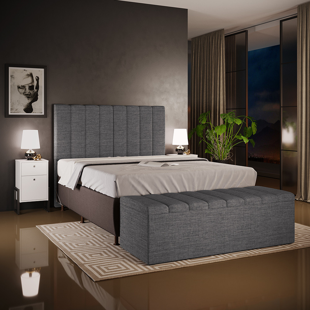 Kit Cabeceira Cama Box Casal 140cm Calçadeira Recamier Baú Dália W01 Linho Cinza Escuro - Lyam Decor - Oferta na Shopee