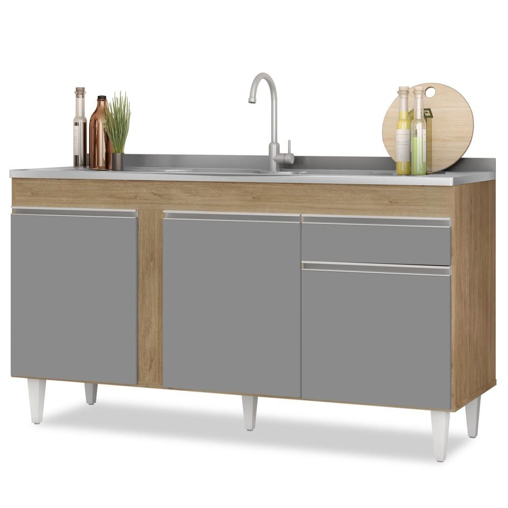 Balcão Gabinete com Pia Inox 150cm 3 Portas 1 Gaveta Dakota Castanho/Cinza - Lumil Balcão Gabinete com Pia Inox 150cm 3 Portas 1 Gaveta Dakota Castanho/Cinza - Lumil - Oferta na Shopee