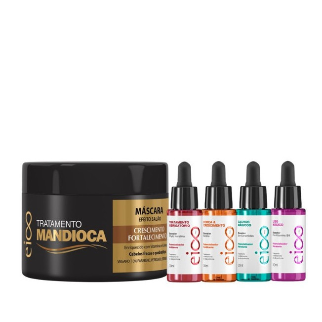 Eico Máscara Creme de Hidratação Antifrizz Tratamento Mandioca 270g Fortalecimento Crescimento Capilar Filtro Solar e Booster Eico Pro Tratamento 30ml. - Oferta na Shopee