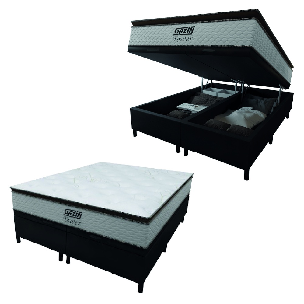 Cama Box Baú Queen Colchão Molas Pocket Ensacadas Tower 158x198x75cm Branco / Preto Gazin - Suporta até 120kg por Pessoa Cama Box Baú Queen Colchão Molas Pocket Ensacadas Tower 158x198x75cm Branco / Preto Gazin - Suporta até 120kg por Pessoa - Oferta na Shopee