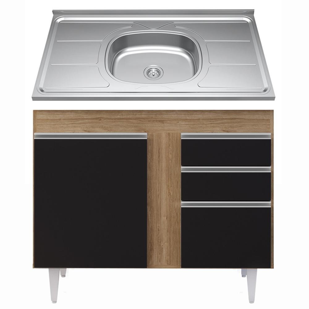 Balcão Gabinete Com Pia Inox 100cm 2 Portas 2 Gavetas Luziania Castanho/Preto - Lumil - Oferta na Shopee