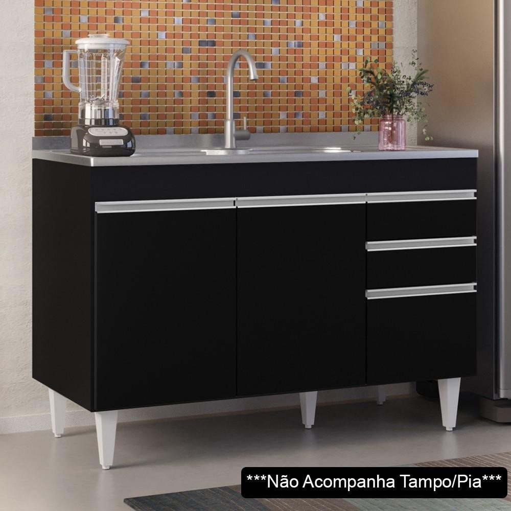 Balcão Gabinete Para Pia 120cm sem Tampo 3 Portas 2 Gavetas Michigan Preto - Lumil - Oferta na Shopee
