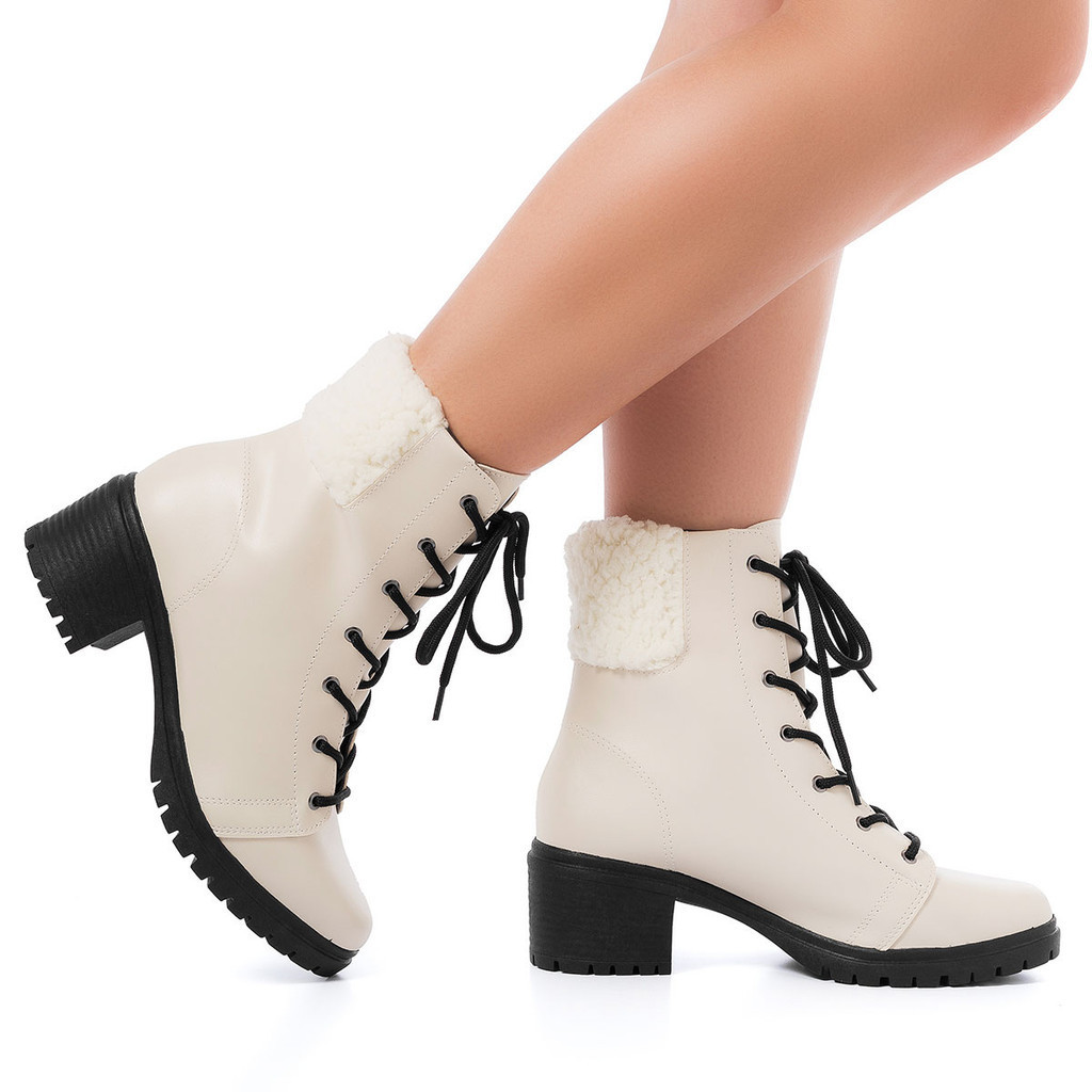Botinha Coturno Feminina Pelinho Cano Curto Salto Tratorado Confortável Inverno Original Leve - Oferta na Shopee