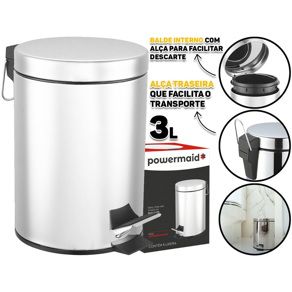 Lixo Lixeira Redonda 3 Litros Aço Inox Balde Cesto Removível Alça Pedal Para Banheiro Escritório Lavabo Cozinha Fraldas Bebe Casa Restaurantes Pet Powermaid - Oferta na Shopee