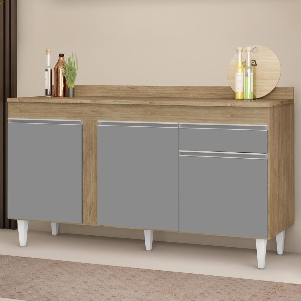 Balcão Gabinete para Pia com Tampo 150cm 3 Portas 1 Gaveta Dakota Castanho/Cinza - Lumil Balcão Gabinete para Pia com Tampo 150cm 3 Portas 1 Gaveta Dakota Castanho/Cinza - Lumil - Oferta na Shopee