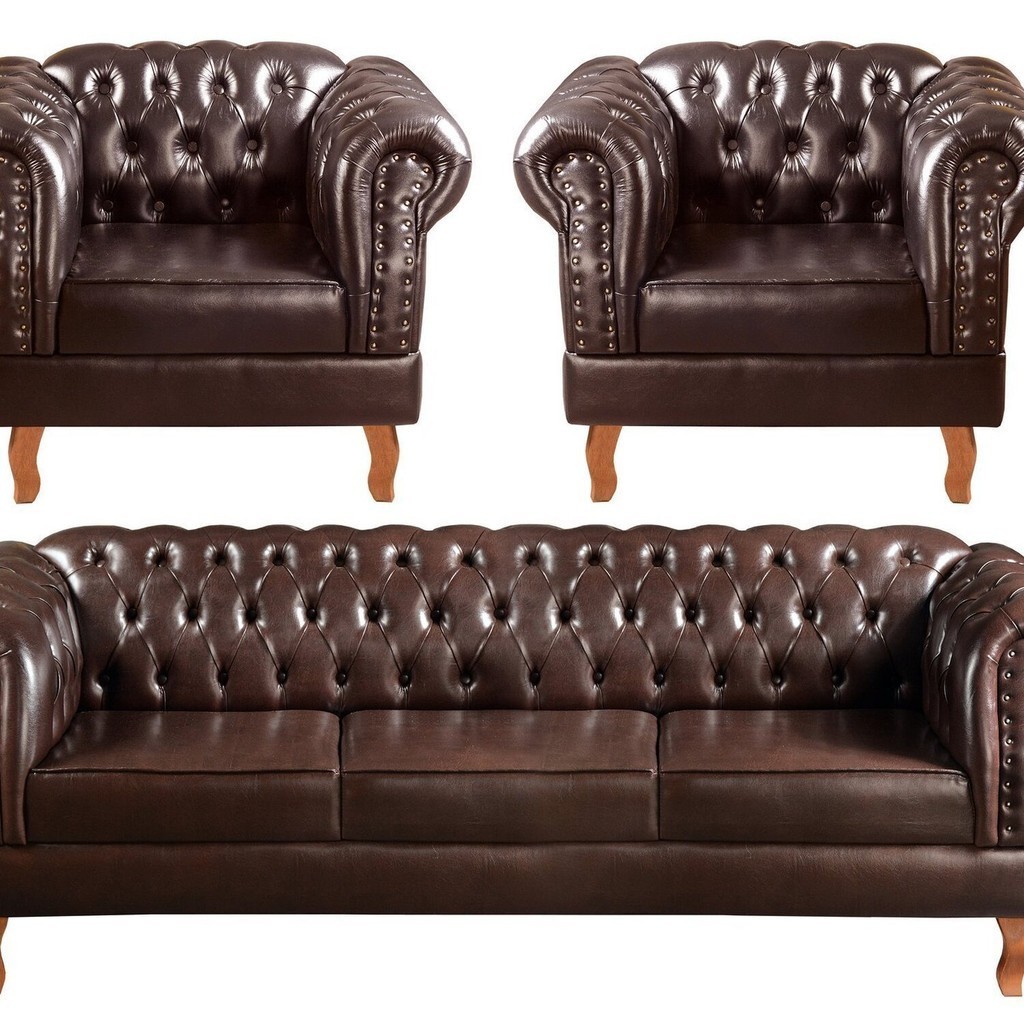 Conjunto Sofá Chesterfield 3 Lugares + 2 Poltronas Dom Pedro Café Conjunto Sofá Chesterfield 3 Lugares + 2 Poltronas Dom Pedro Café - Oferta na Shopee