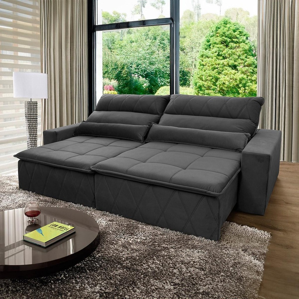 Sofá Retrátil Reclinável Amsterdam 2,10m Suede Velut Cinza Molas no Assento – King House Sofá Retrátil Reclinável Amsterdam 2,10m Suede Velut Cinza Molas no Assento – King House