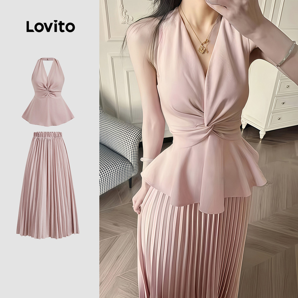 Lovito Tops Ou Calças Elegantes Com Nó Plissado Verão/Primavera Tops Ou Calças Para Mulheres L124AD342 - Oferta na Shopee
