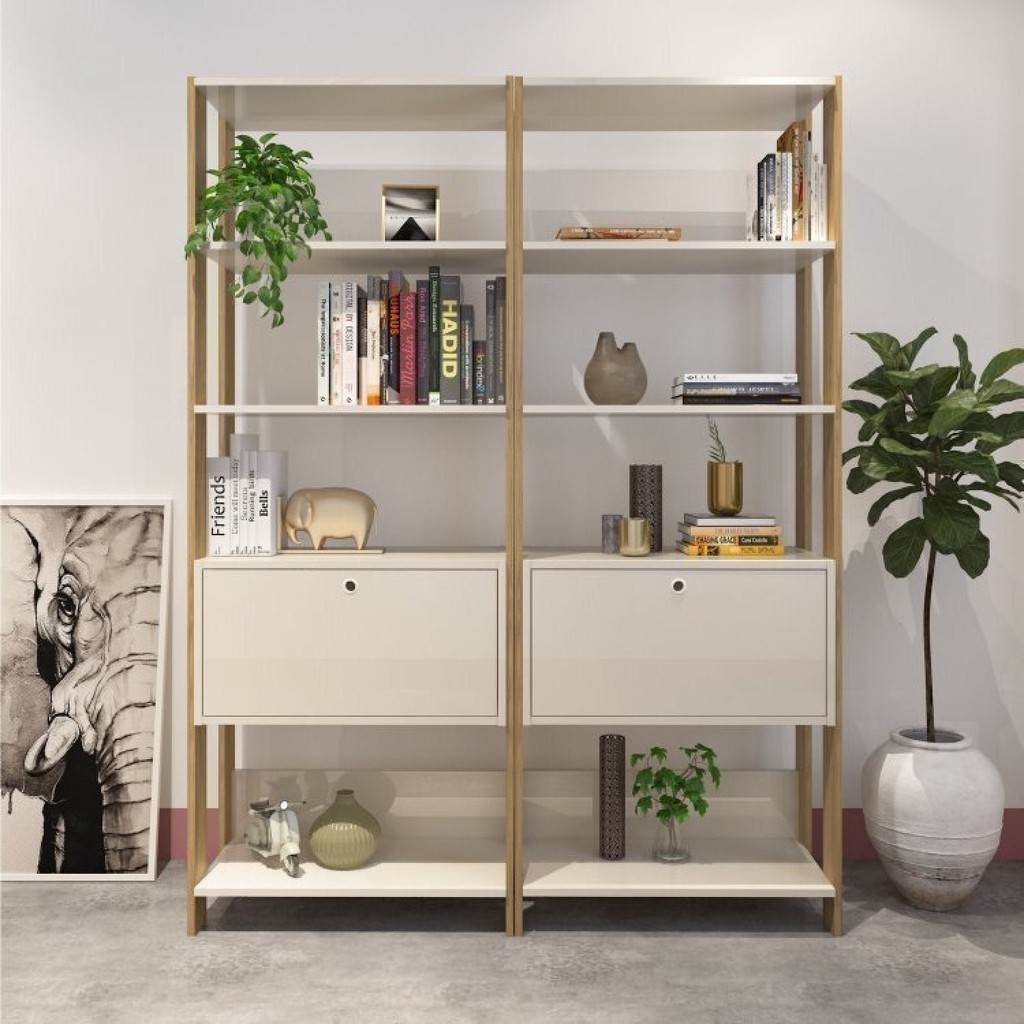 Kit 2 Estantes Multiuso Alta 4 Prateleiras 1 Porta 166cmx126cm Match Artely Off White/Carvalho Kit 2 Estantes Multiuso Alta 4 Prateleiras 1 Porta 166cmx126cm Match Artely Off White/Carvalho - Oferta na Shopee