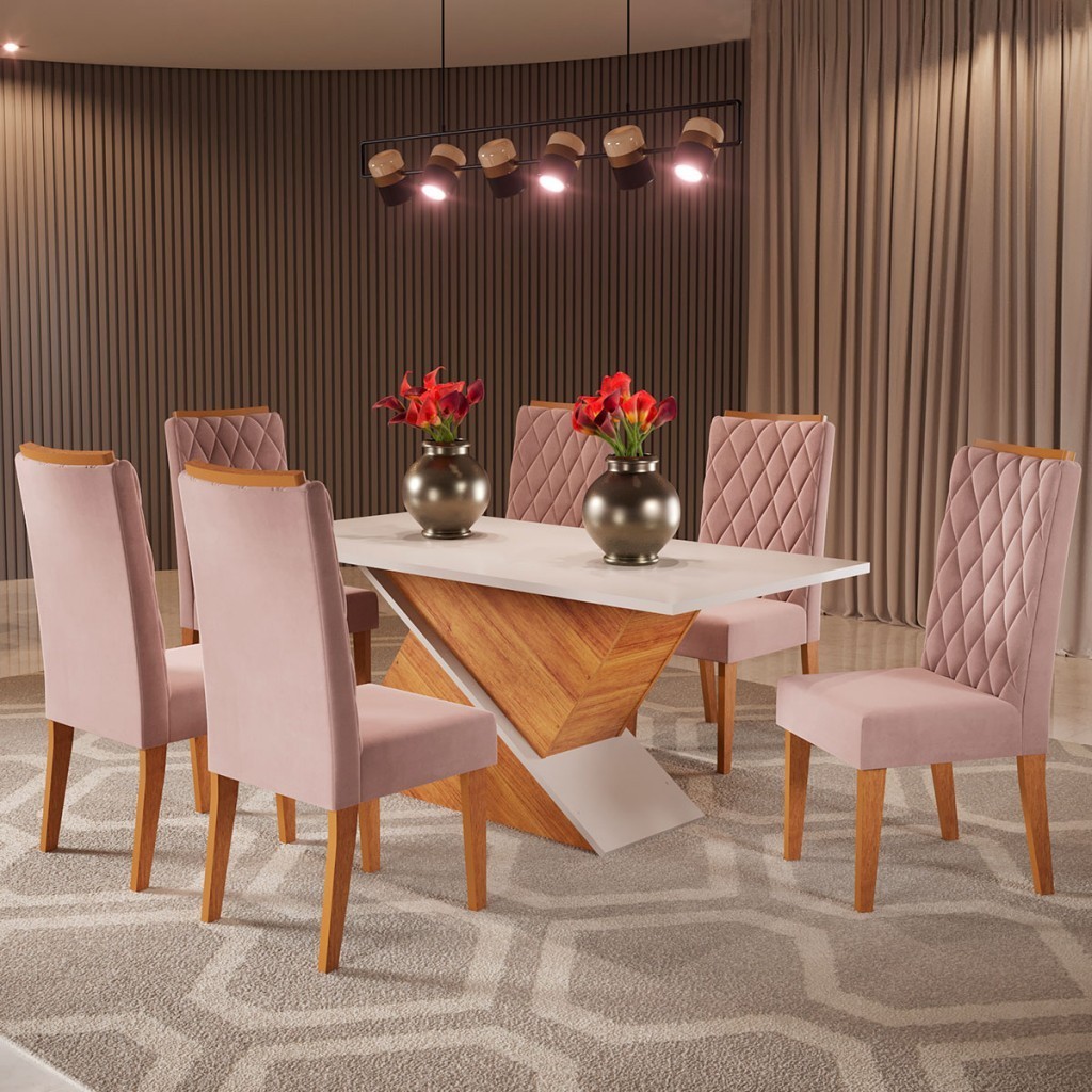 Mesa de Jantar 6 Lugares Poliana Mel/Blonde/Veludo Rosa - Viero Móveis Mesa de Jantar 6 Lugares Poliana Mel/Blonde/Veludo Rosa - Viero Móveis - Oferta na Shopee