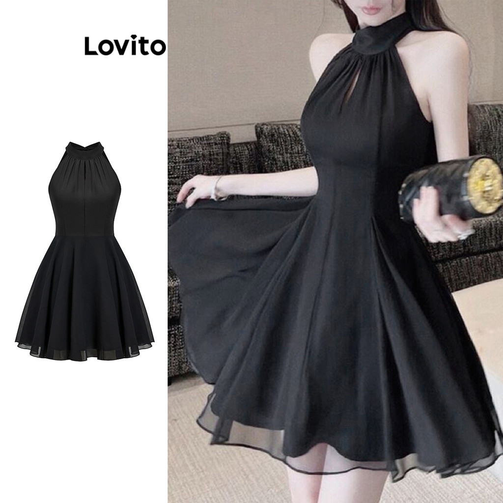 (Trendy) Lovito Vestido Elegante Liso De Camada Dupla Com Amarração Nas Costas Para Mulheres L80ED448 - Oferta na Shopee