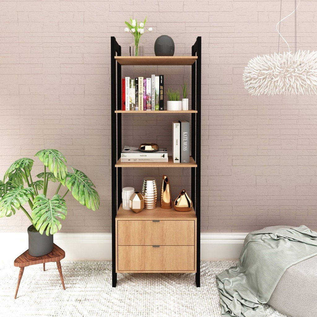 Estante para Livros 2 Gavetas Embaixo 1,85x0,65m Haia Yescasa Amêndoa/Preto Estante para Livros 2 Gavetas Embaixo 1