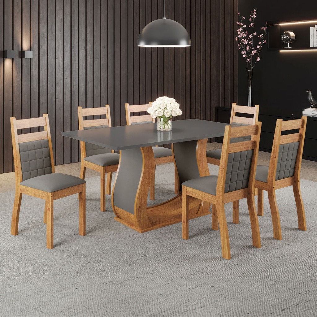 Mesa de Jantar 6 Lugares Sabrinna Sicilia Mel/Cinza/Veludo/Grafite - Viero Móveis Mesa de Jantar 6 Lugares Sabrinna Sicilia Mel/Cinza/Veludo/Grafite - Viero Móveis - Oferta na Shopee