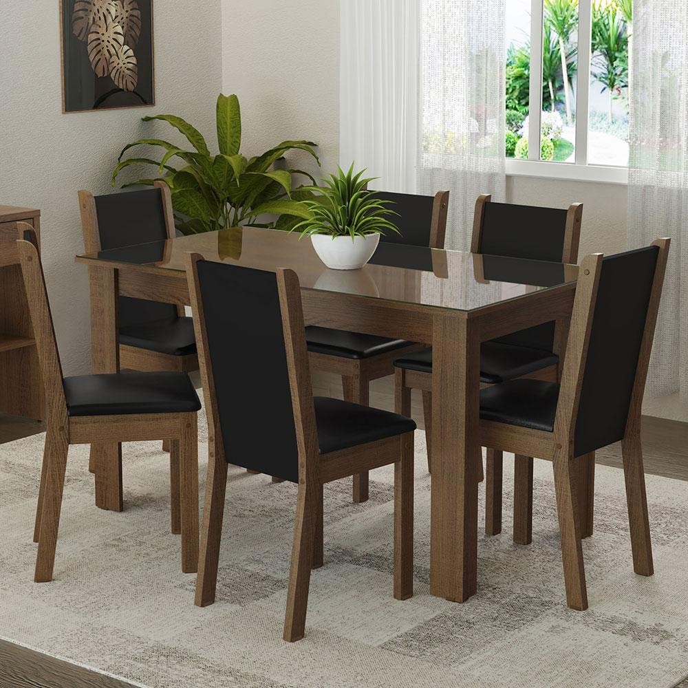 Conjunto Sala de Jantar Mesa Tampo de Vidro 6 Cadeiras Rustic/Preto Heloísa Madesa Conjunto Sala de Jantar Mesa Tampo de Vidro 6 Cadeiras Rustic/Preto Heloísa Madesa - Oferta na Shopee