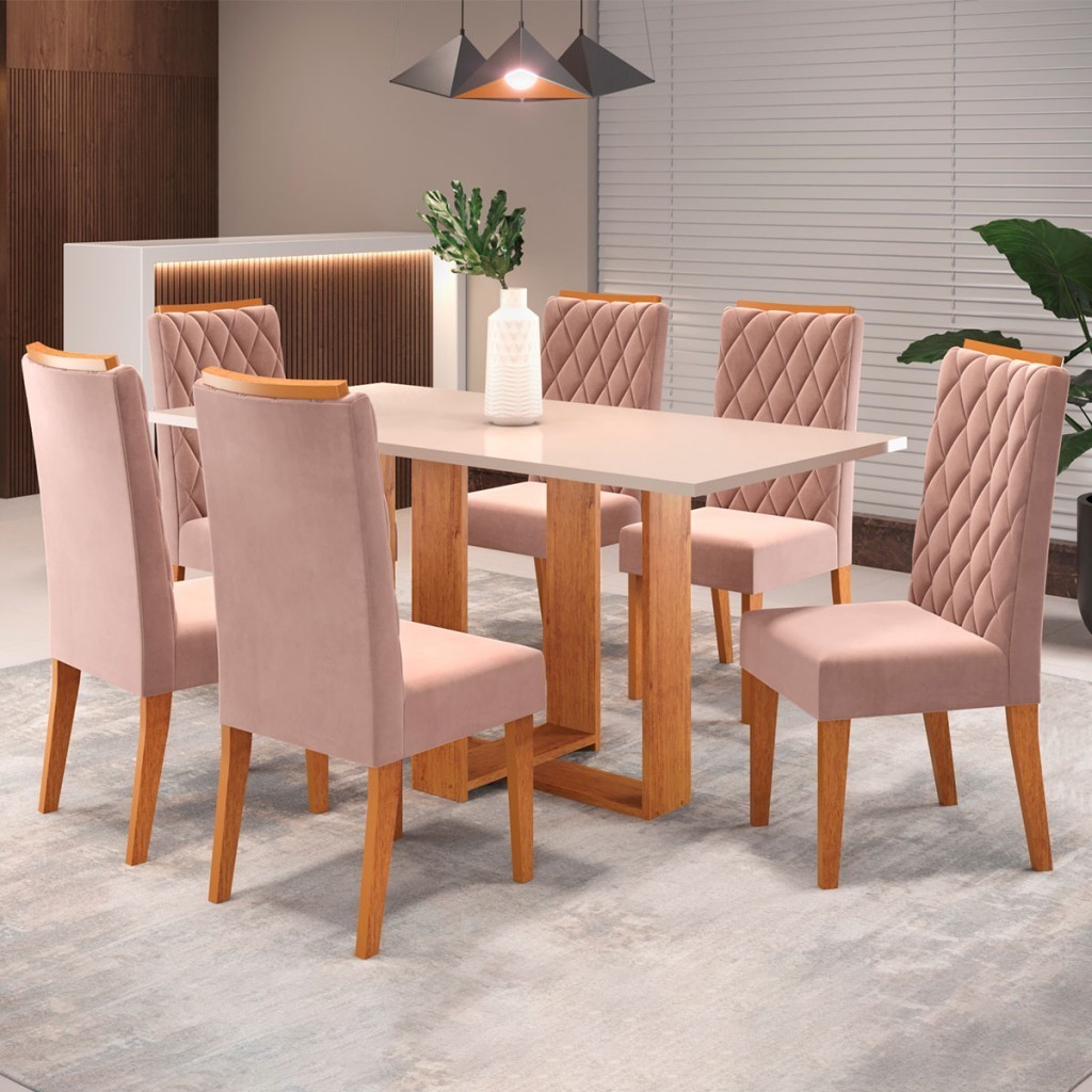 Mesa de Jantar 6 Lugares San Diego Mel/Blonde/Veludo Rosa - Viero Móveis Mesa de Jantar 6 Lugares San Diego Mel/Blonde/Veludo Rosa - Viero Móveis - Oferta na Shopee