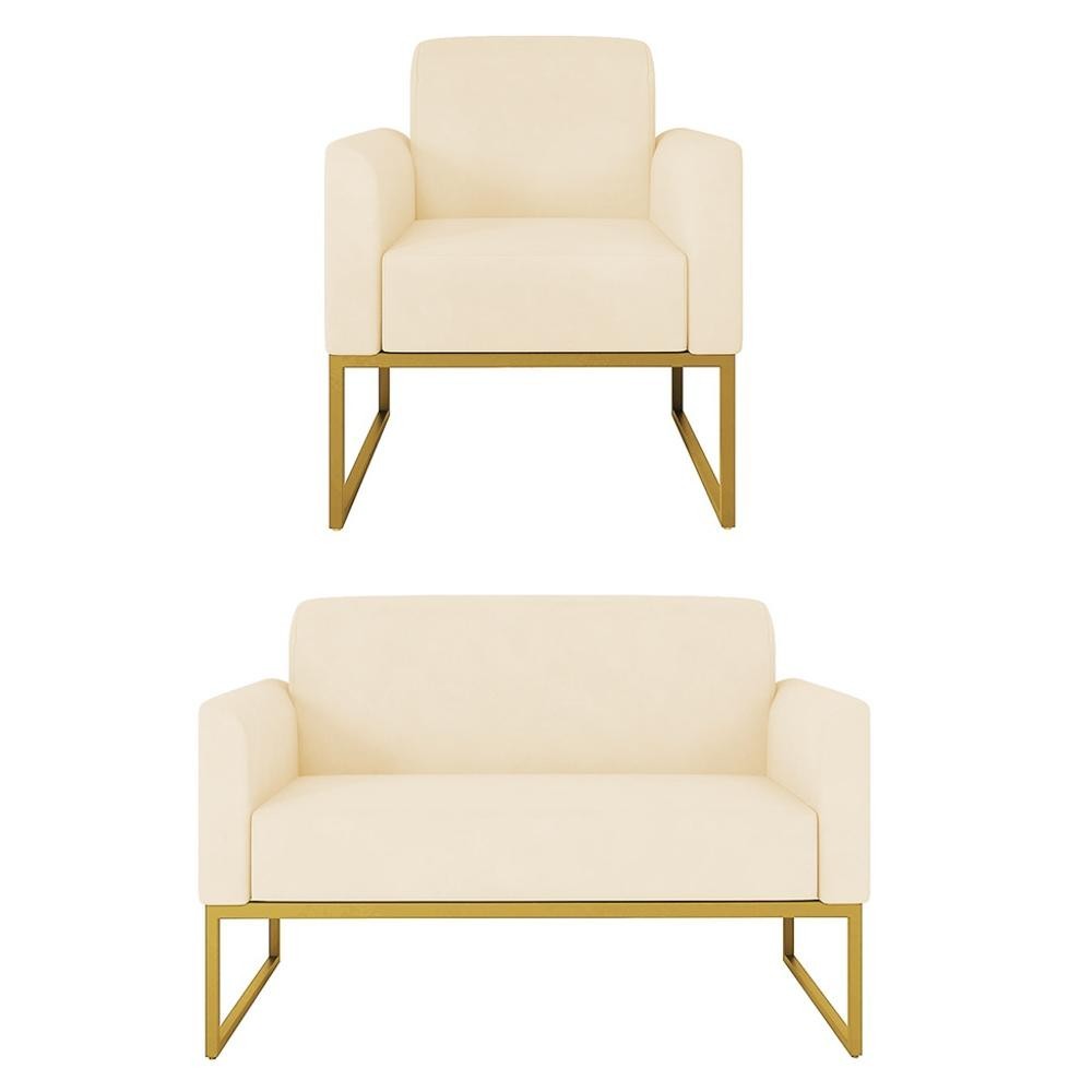 Kit Namoradeira e 1 Poltrona Decorativa Base Industrial Dourada Maressa S03 Suede Bege - Ibiza Kit Namoradeira e 1 Poltrona Decorativa Base Industrial Dourada Maressa S03 Suede Bege - Ibiza - Oferta na Shopee