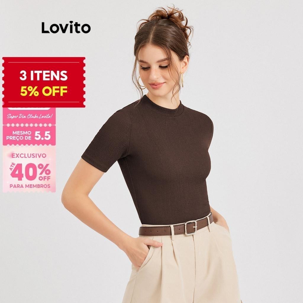 (Trendy) (Muitas cores)Lovito Camiseta Casual Lisa Com Colarinho Reto L30ED021 (Marrom) - Oferta na Shopee