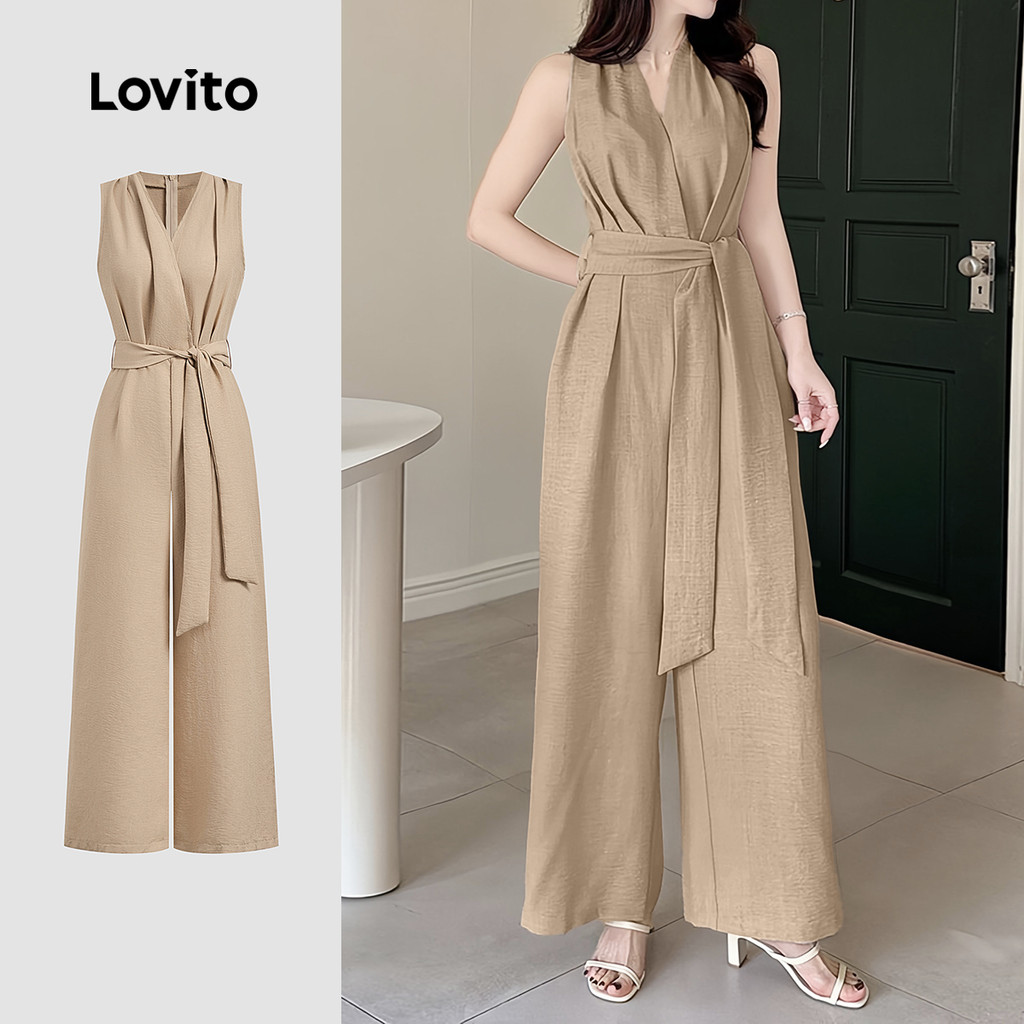 Lovito Macacão Casual Liso Com Cinto Plissado Verão Primavera Cáqui Para Mulheres L134ED326 - Oferta na Shopee