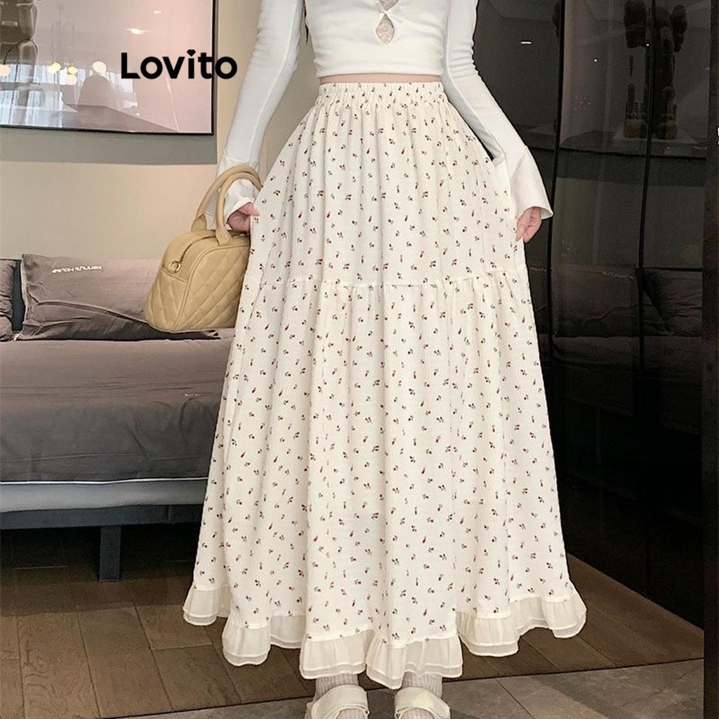 (Trendy) Lovito Saias Casuais Ditsy Floral Ruffle Saias Para Mulheres LNA60317 - Oferta na Shopee