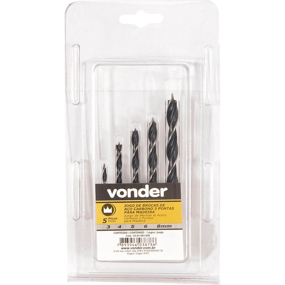 Jogo Broca 3 Pontas Aço Carbono 3 À 8mm para Madeira com 5 Peças Vonder Jogo Broca 3 Pontas Aço Carbono 3 À 8mm para Madeira com 5 Peças Vonder - Oferta na Shopee