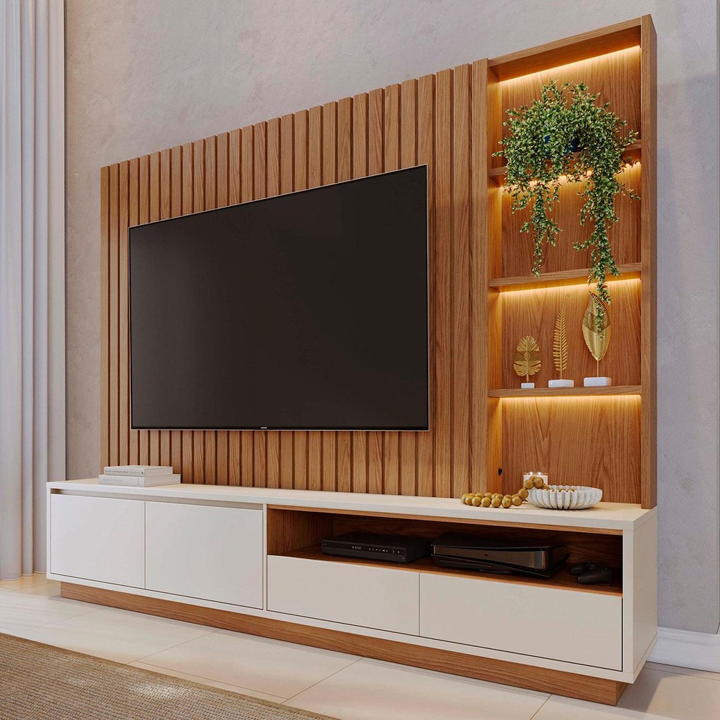 Estante Painel TV 82 Pol 240cm Com LED Hawai Freijó/Off White C05 - Mpozenato Estante Painel TV 82 Pol 240cm Com LED Hawai Freijó/Off White C05 - Mpozenato - Oferta na Shopee
