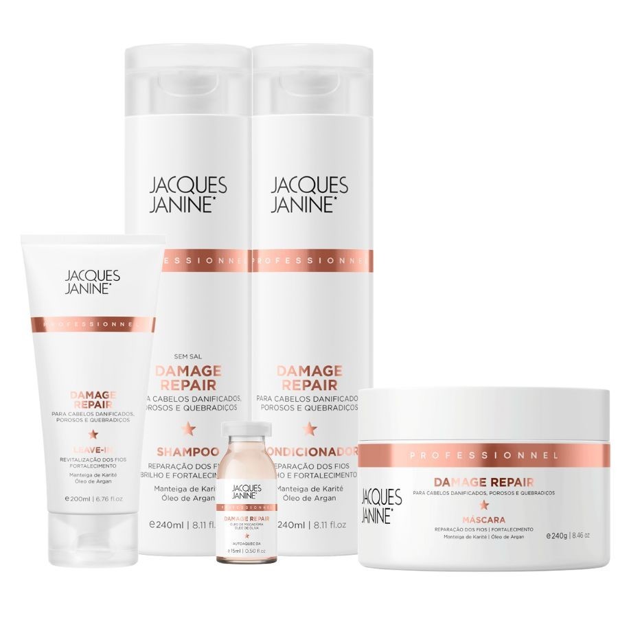 Kit Jacques Janine Damage Repair Shampoo Condicionador 240ml Máscara 240g Leave-In 200ml Ampola 15ml - Oferta na Shopee