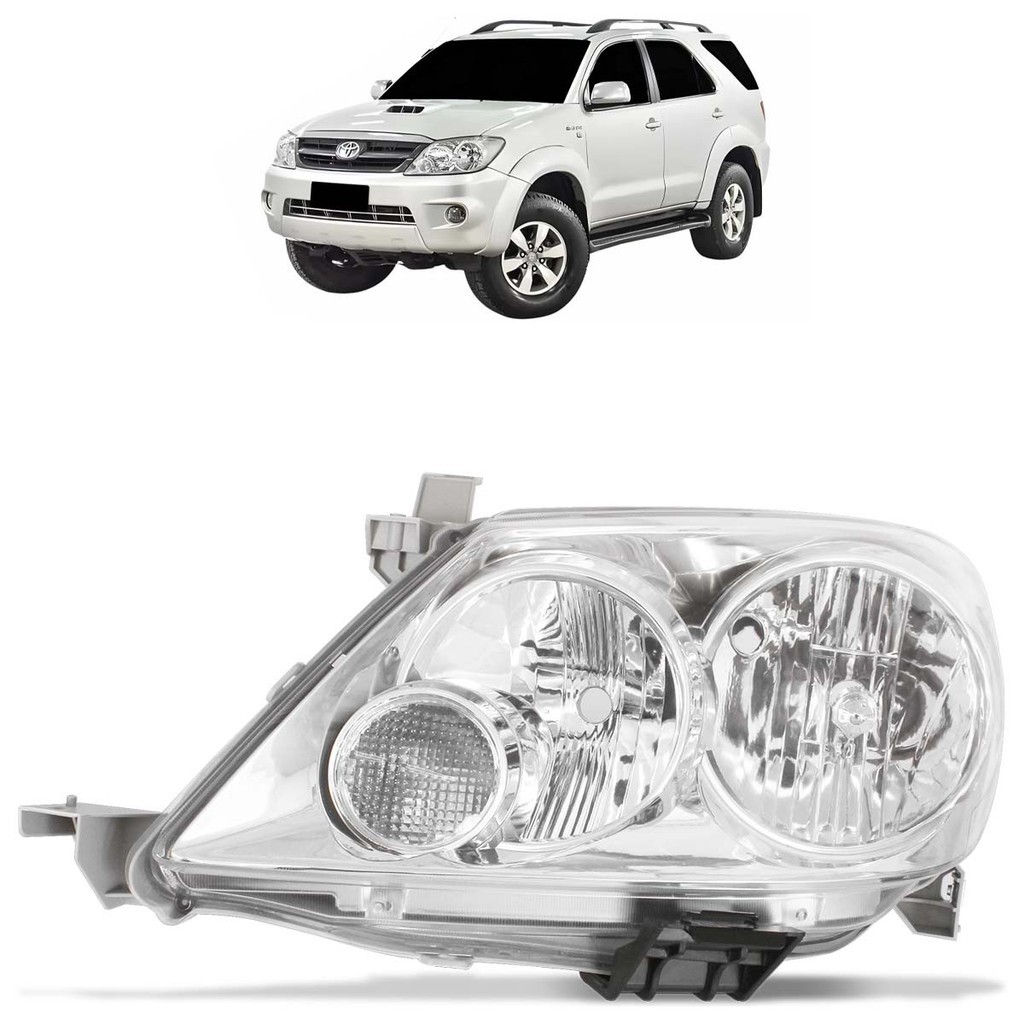 Farol Dianteiro Hilux Sw4 2005 2006 2007 2008 Máscara Cromada Lente Lisa em Acrílico Farol Dianteiro Hilux Sw4 2005 2006 2007 2008 Máscara Cromada Lente Lisa em Acrílico - Oferta na Shopee