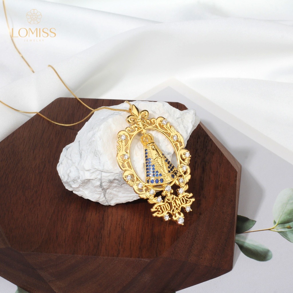 Colar  Feminino Dourado Folheado a Ouro 18k Nossa Senhora Aparecida 300 Anos Zircônia Cravejada Azul - Oferta na Shopee