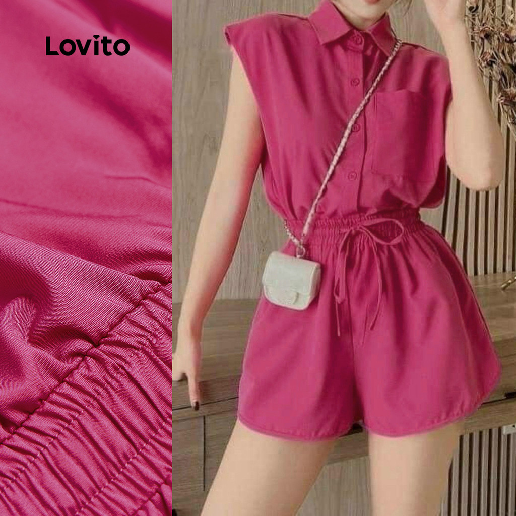(New) Lovito Macacão Elegante com Bolsos Pregueado Primavera/verão Macacão Vermelho Rosado para Mulheres L150ED008 - Oferta na Shopee