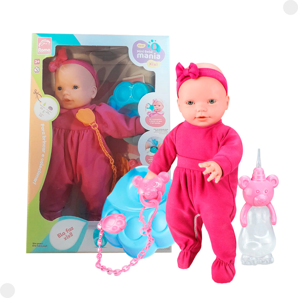 Boneca Mini Bebê Mania Xixi + Acessórios Rosa 5340 - Roma Boneca Mini Bebê Mania Xixi + Acessórios Rosa 5340 - Roma - Oferta na Shopee