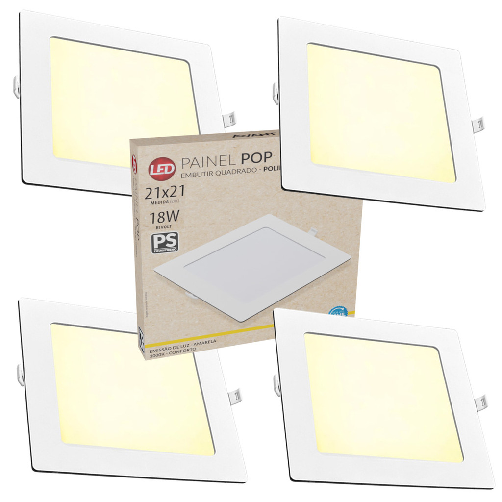 Kit 4 Painel Plafon Quadrado Embutir 18W Luz Branco Quente 3000K Luminária de Gesso Forro - Oferta na Shopee