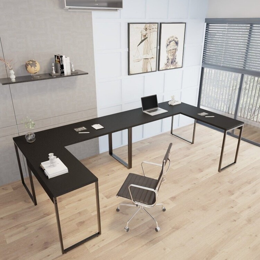 Kit 2 Mesas de Escritório em L Estilo Industrial 1,50mx1,50m Kuadra Preto Onix Kit 2 Mesas de Escritório em L Estilo Industrial 1