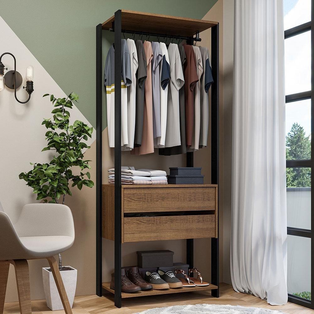 Closet Aberto Guarda-roupa 2 Gavetas 70cm Madesa Rustic/Preto Closet Aberto Guarda-roupa 2 Gavetas 70cm Madesa Rustic/Preto