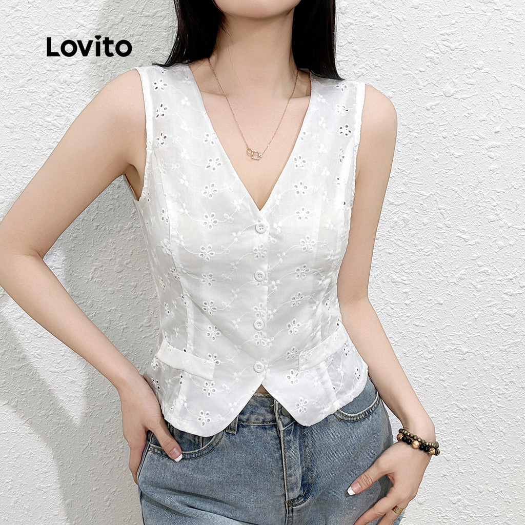 Lovito Top Casual Liso Com Ilhós Bordado Vazado Verão/primavera Regata Feminina L132ED550 - Oferta na Shopee