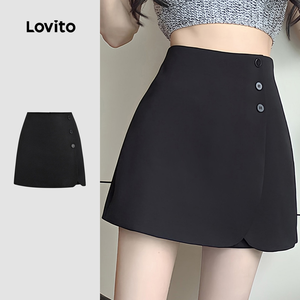 (New) Lovito Shorts Casuais Divisão Frontal  Primavera/verão  Shorts Pretos para Mulheres L143AD597 - Oferta na Shopee