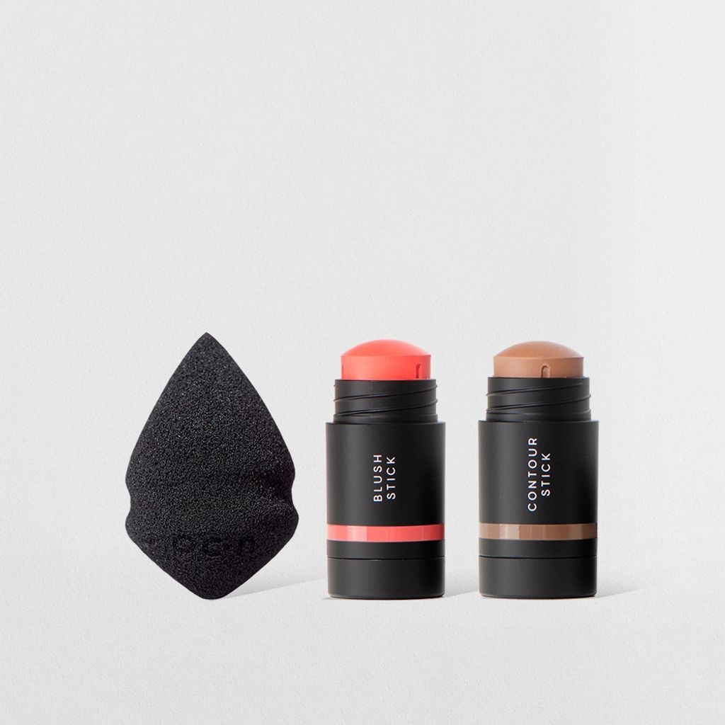 Kit Mini Blush em Bastão Coral + Mini Contorno em Bastão Marrom Médio + Mini Esponja de Maquiagem Océane Edition (3 Produtos) - Oferta na Shopee