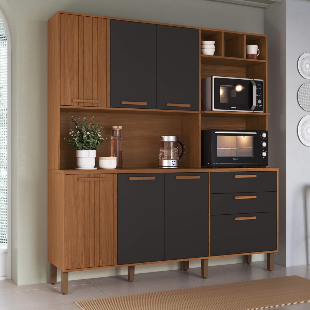 Armário De Cozinha Compacta Fidelitá Barcelona 180cm 7 Portas 2 Gaveta Com Tampo e Fundo Freijó/Chumbo - Oferta na Shopee