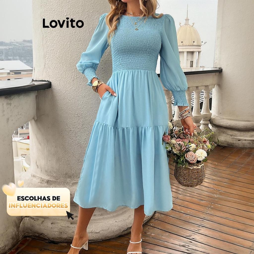 (KOL‘s pick) Lovito Vestido Casual Liso Com Babados Para Mulheres LNL67386 (KOL‘s pick) Lovito Vestido Casual Liso Com Babados Para Mulheres LNL67386 - Oferta na Shopee
