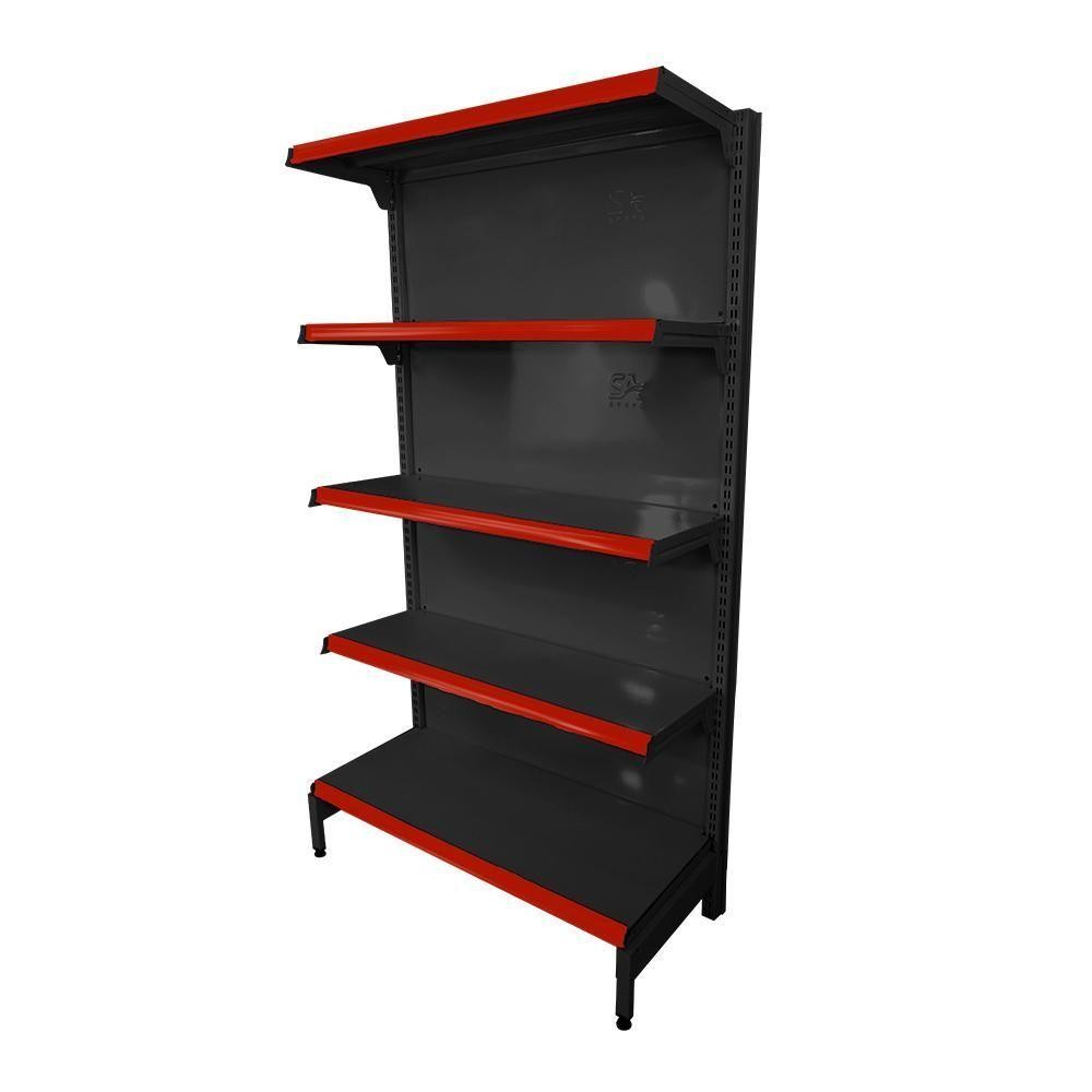 Gôndola Prateleira Preta 5 Níveis 40x30 New Plus 1,70 Parede Inicial Pe Vermelho - Sa Gôndolas Gôndola Prateleira Preta 5 Níveis 40x30 New Plus 1