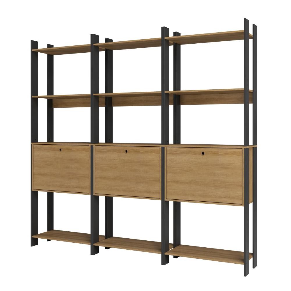 Kit 3 Estantes para Livros 3 Portas 15 Prateleiras Estilo Industrial Lâmina Mel/Preto - BRV Móveis - Oferta na Shopee