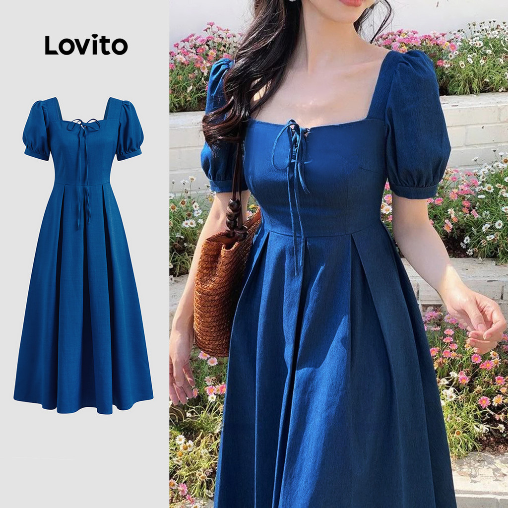 (Trendy) Lovito Vestido Casual liso plissado com cadarço para mulheres LBL23071 (Trendy) Lovito Vestido Casual liso plissado com cadarço para mulheres LBL23071 - Oferta na Shopee