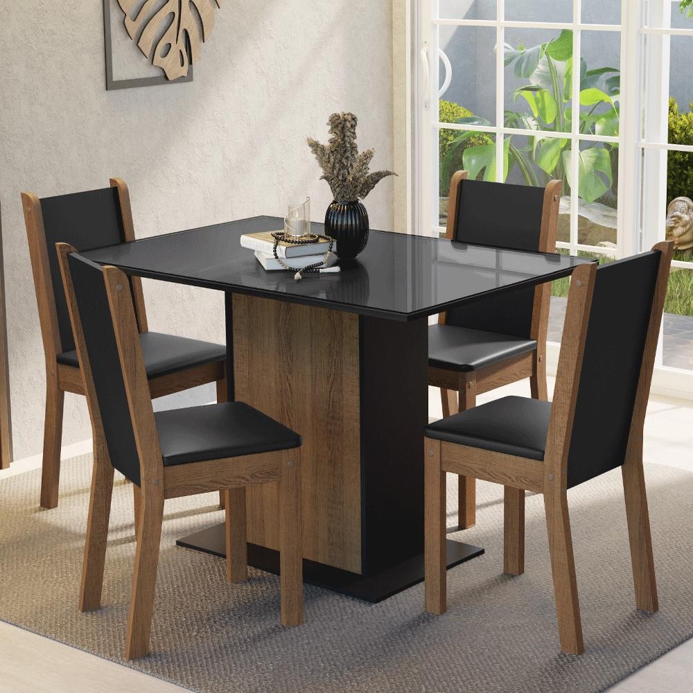Conjunto Sala de Jantar Mesa Tampo de Vidro 4 Cadeiras Preto/Rustic Martina Madesa Conjunto Sala de Jantar Mesa Tampo de Vidro 4 Cadeiras Preto/Rustic Martina Madesa - Oferta na Shopee
