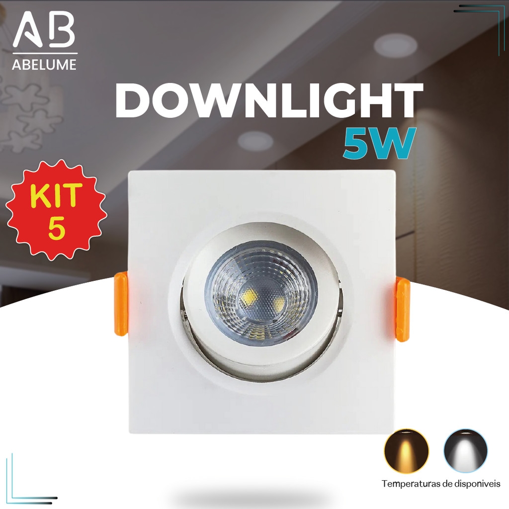 Kit 5 Luminária Spot Led Quadrado Direcionável 5W Embutir Gesso Teto | Branco Quente 3000K | Branco Frio 6500K  Bivolt - Oferta na Shopee